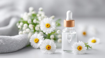 Aromatherapy essential oil in glass dropper bottle surrounded by natural flowers creates calming atmosphere. This natural blend enhances relaxation and well being