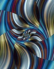 curving lines swell, blur and spiral in blue, maroon, brown, white, muted gold