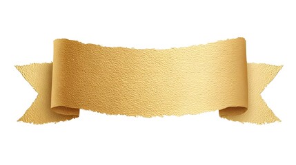 Vintage style textured golden paper ribbon banner featuring frayed edges and a gracefully curved central section presented isolated on a white background