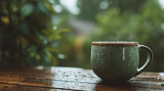 A green ceramic mug with water droplets sits on a wooden surface during a rainy day outside