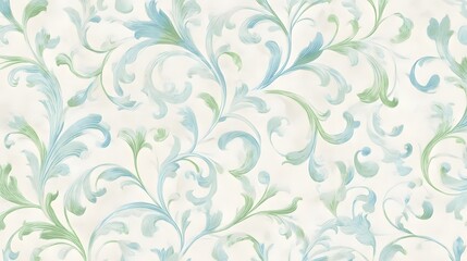 Fototapeta premium Elegant watercolor floral scrollwork design in soft blue and green hues ideal for decorative backgrounds wallpapers and textiles creating a delicate and classic aesthetic