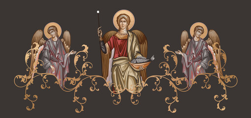 Archangel Raphael. Decorative vintage border with angels, illustration in Byzantine style