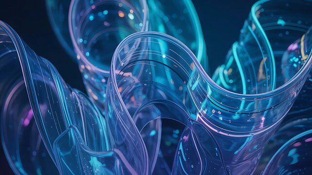 Luminous translucent ribbons shimmer with ethereal light against a dark, mysterious backdrop evoking fluidity and dimension