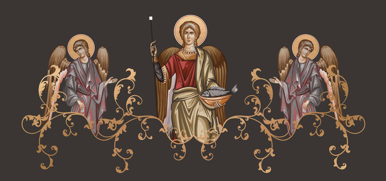 Archangel Raphael. Decorative vintage border with angels, illustration in Byzantine style