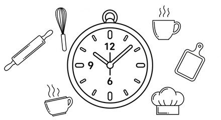 Time to Bake Delicious Treats Whisk Rolling Pin Chef Hat Cutting Board and Hot Coffee in Charming Kitchen Minimalist Black and White Outline Design