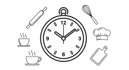 Time for baking delicious treats with rolling pin, whisk, cutting board, chef hat and hot coffee, perfect for culinary blog or recipe book illustration