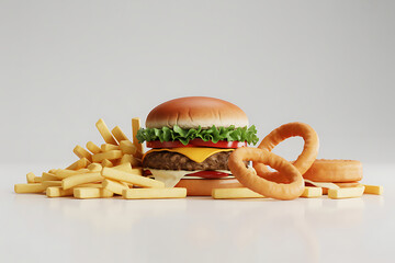 Cheeseburger with Fries and Onion Rings hamburger beef patty