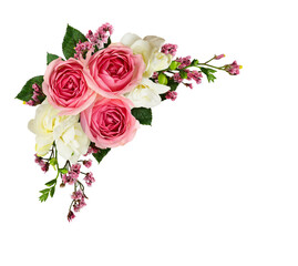 Festive arrangement with pink roses, limonium and freesia flowers isolated on white or transparent...