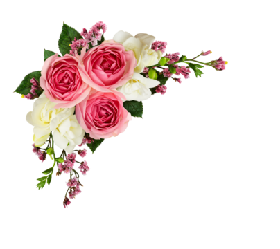Festive arrangement with pink roses, limonium and freesia flowers isolated on white or transparent background. Top view. Flat lay. - Powered by Adobe