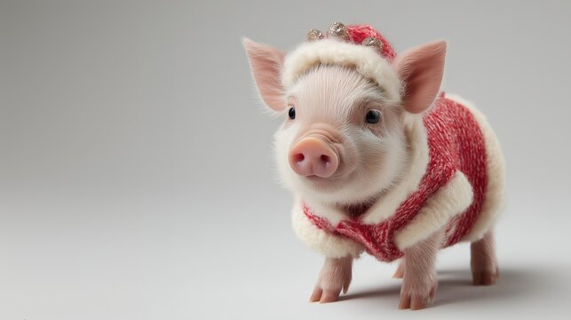 Cute Baby Piglet in Red Christmas Sweater and Santa Hat | Adorable Mini Pig Wearing Festive Winter Outfit, Holiday Pig Portrait on Gray Background