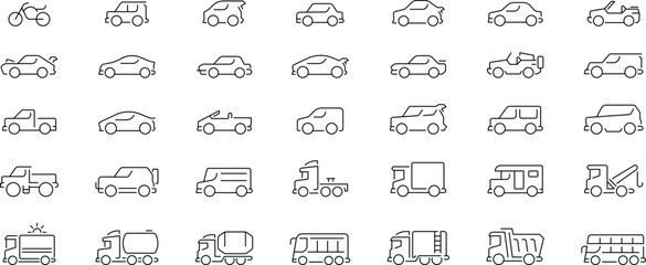 Car vector icons in line style. Thin line icons related to vehicles and cars. Car shapes. Sedan, coupe, hatchback, SUV, convertible, station wagon, minivan, pickup truck, roadster