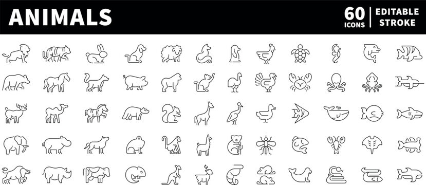 Animals line icons. Set of outline icons related to animals and pets. Animals thin line icons collection. Animal logo set
