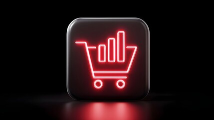A conceptual icon featuring a neon red shopping cart outline filled with ascending bars representing e commerce growth business analytics and digital commerce trends