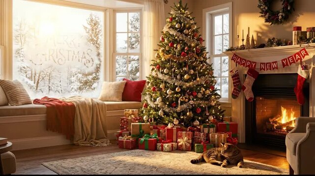 Cozy winter living room with decorated christmas tree, crackling fireplace with stockings, wrapped gifts, sleeping cat, and snowy window etched with merry christmas