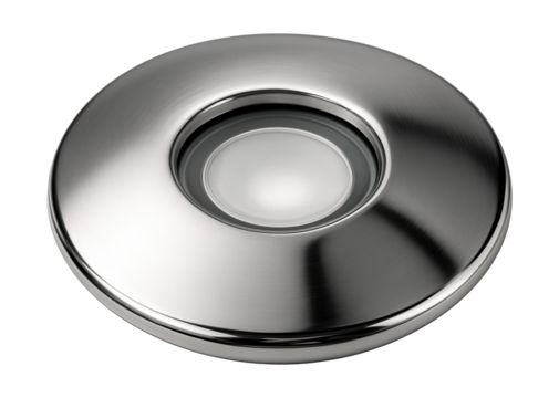 Sleek recessed path light in chrome, perfect for enhancing a rooftop garden's elegance.