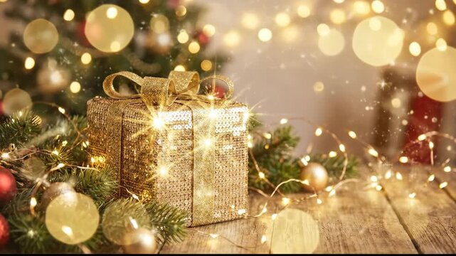 Gold sequin christmas gift box on a rustic wooden table surrounded by twinkling string lights, pine branches and baubles with a blurred glowing holiday tree background