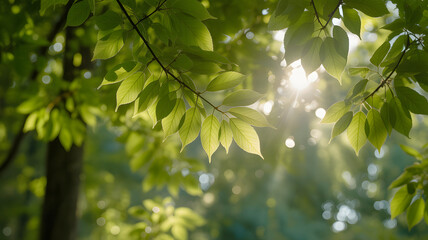 Sunlight filtering through lush green tree leaves in a forest