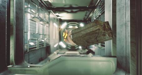 A large, rectangular object floats through a sleek metallic corridor of a space station. Bright lights illuminate the area, suggesting advanced technology and an active space mission.