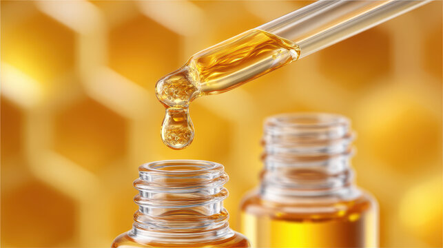 Aromatic essential oil drops are captured in beautiful moment, showcasing natural essence of aromatherapy. golden hue reflects purity and tranquility, inviting relaxation