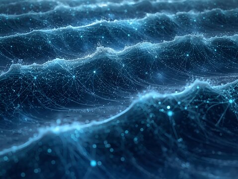 Stunning digital ocean waves connecting data points in a modern network system