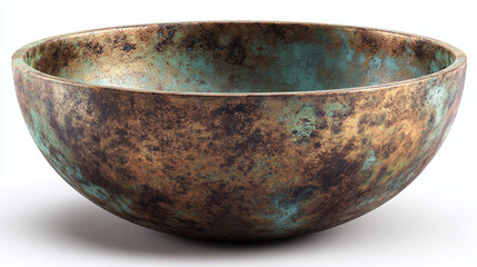 An antique bowl with a unique and aged appearance, showcasing a blend of textures and colors, suggesting historical significance