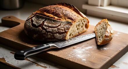 A loaf of bread sliced on a wooden cutting board with knife