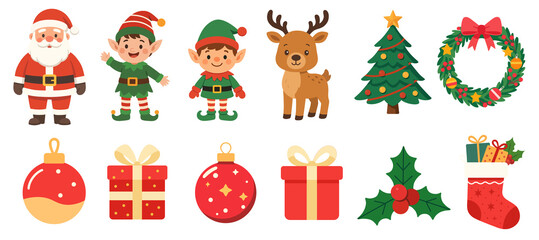 Christmas characters and objects illustrations set. Cute cartoon clipart for Christmas decorations