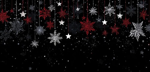 A festive black background with hanging snowflakes and stars, red and white