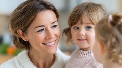 A joyful mother embraces her children showing affection and a strong family bond in a cozy well lit home environment capturing precious moments of childhood and parental love