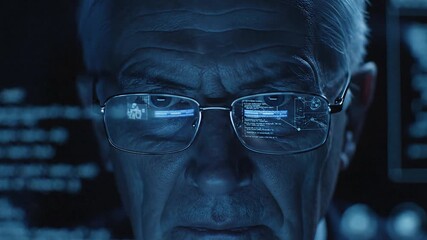 Close up of senior white hacker using AI to analyze code and protect company from cyber threats - Powered by Adobe