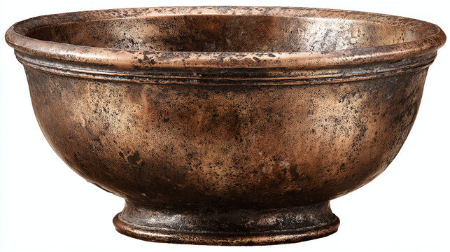 A weathered copper bowl, showcasing a simple yet elegant design. The bowl is made from an aged metal, exhibiting signs of time