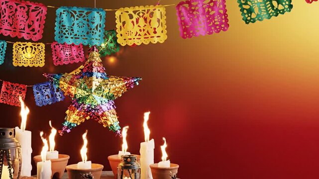 Las Posadas Mexican festival theme, glowing papel picado banners gently swaying, traditional candles flickering in soft breeze