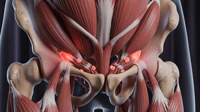 Anatomical Illustration of the Human Pelvis and Hip Joint with Highlighted Pain Points.
