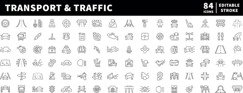 Traffic and transport vector icons in line style. Automobile vector icons in line style. Automotive icons collection. Transport related icons collection