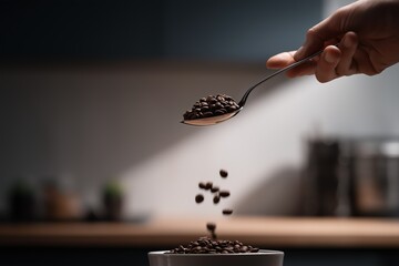 Brown coffee beans being poured into industrial roaster, hand holding spoon of roasted beans with soft highlight. Coffee manufacturing and craft beverage supply.