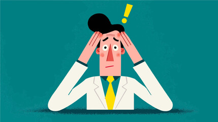 A doctor with a worried expression holds his head in both hands, expressing frustration. The bright teal background contrasts with his white coat, highlighting his anxiety.
