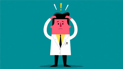 A scientist stands with a puzzled look, hands on his head, and an expression of surprise. The background is a vibrant teal, accentuating his concern about a new discovery or problem.