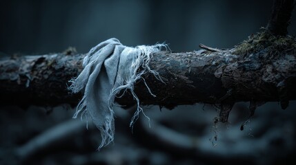 Tattered gray fabric draped over a moss-covered log in a dark forest setting, showcasing natural textures and the interplay of light and shadow in a serene environment