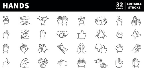 Hands vector icons in line style. Hands gestures linear icons set. Outline hands gestures icons