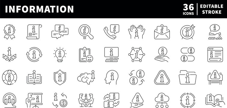Information vector icons collection. Thin line style information icons. Info, inform, information