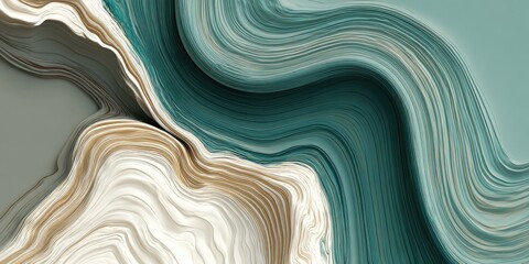 An abstract, flowing artwork featuring layered textures and gradients of turquoise, gold, white, and grey