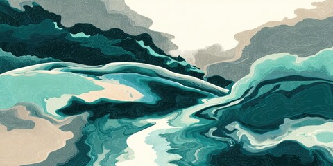 Abstract landscape with flowing turquoise water and layered teal mountains against a soft beige sky