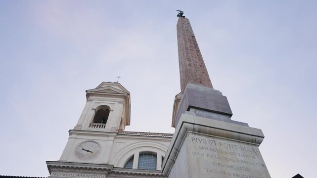 Trinita dei Monti church and obelisk view in early morning in Rome, Italy