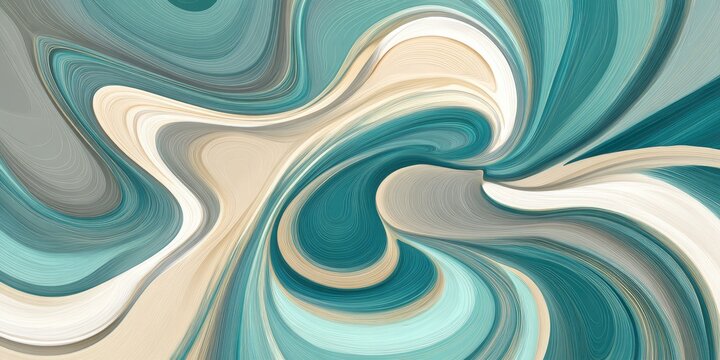 Swirling, abstract artwork in teal, gray, and beige creates a dynamic, fluid, and artistic expression