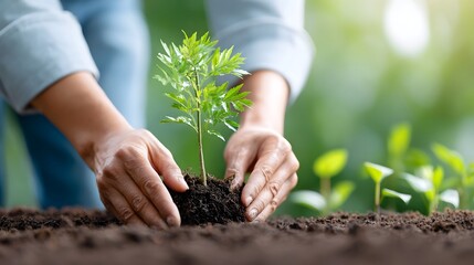 Close up of hands carefully planting a young green sapling into dark earth outdoors bathed in soft sunlight representing new life and gardening efforts