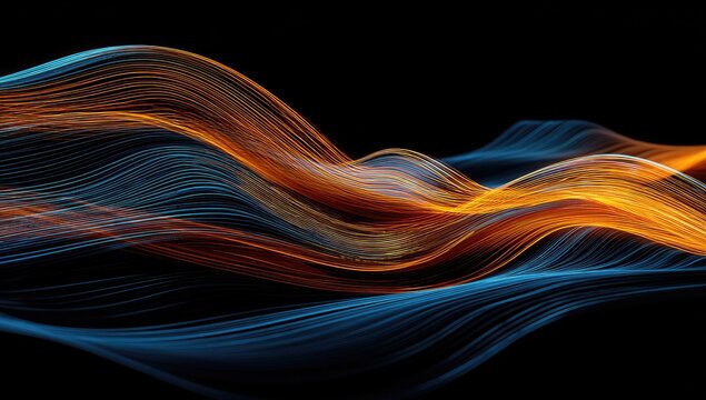 Abstract wavy lines, gradient of blue and orange, flowing against a black backdrop