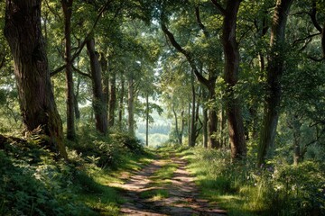 A sunlit dirt road winds through a lush, verdant forest, leading towards a distant clearing