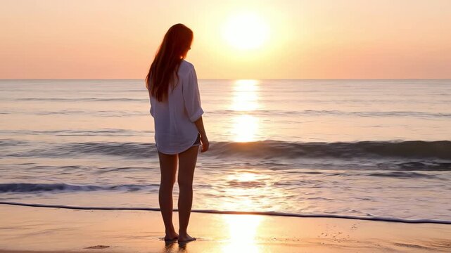 Young Adult Standing at Sunrise Shoreline with Gentle Waves - AI Generated