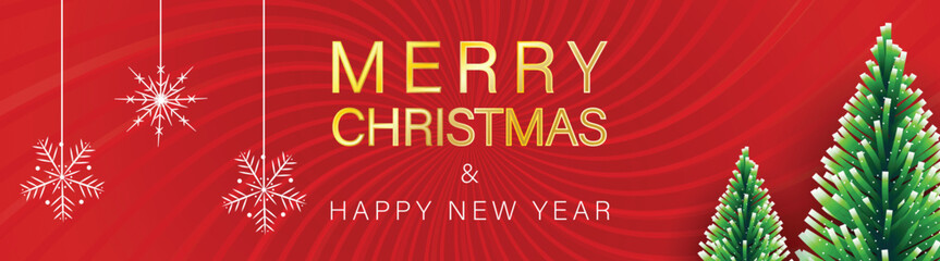 Christmas holiday vector banner, gold &ldquo;Merry Christmas&rdquo;, white snowflakes, trees, festive red card, new year wishes