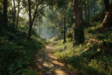 Obraz premium Sunlit path winds through a lush, verdant forest with dense foliage and tall trees